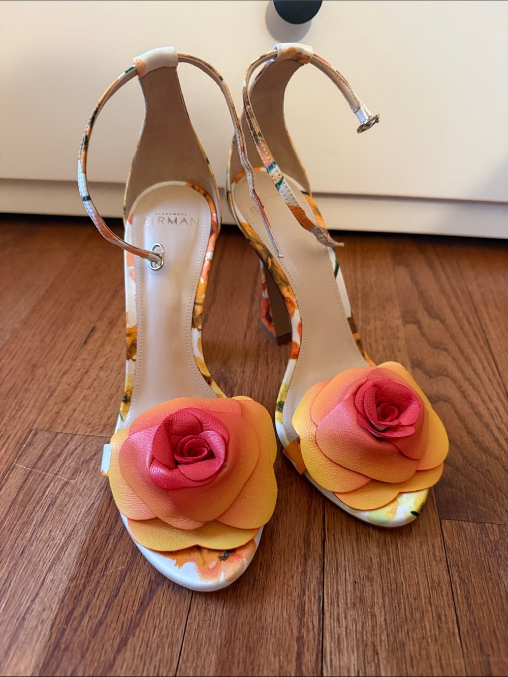 Alexandre Birman Floral Orange Yellow Sandal with Pink Rose Accent
